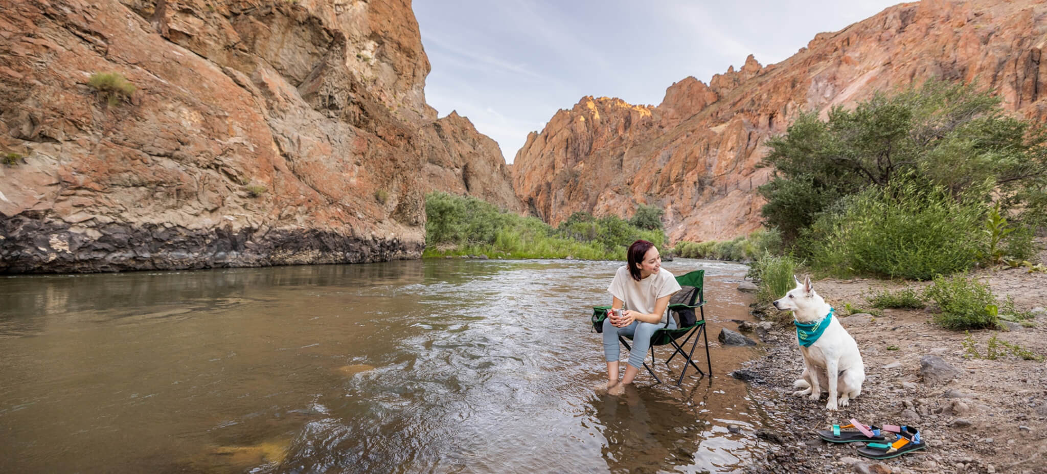woman camping with dog